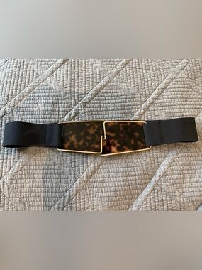 Vintage 1970’s Dior Black Elastic Belt with Tortoiseshell Gold-Tone Buckle.